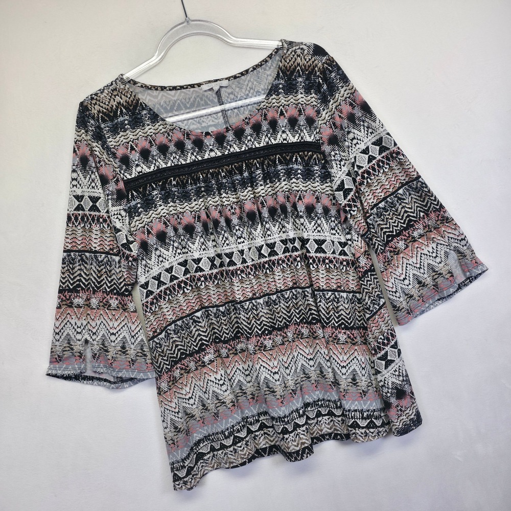 Ava James Blouse Womens 2X Black Pink Geometric Western Country Lace Boho Tunic